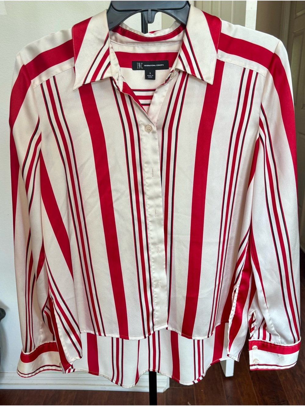 INC International Concepts Red & Cream Vertical Stripe Button-Down Blouse